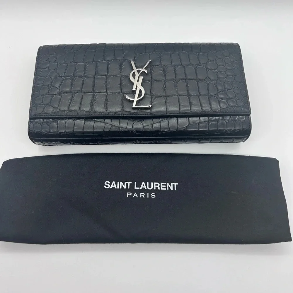 Saint Laurent YSL Black Crocodile Stamp Clutch Bag With Dustbag